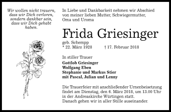 Anzeige von Frida Griesinger von Reutlinger General-Anzeiger