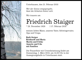 Anzeige von Friedrich Staiger von Reutlinger General-Anzeiger