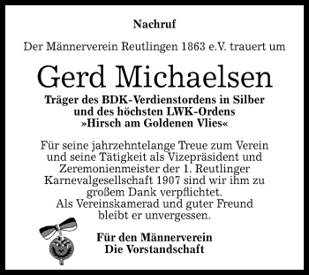 Anzeige von Gerd Michaelsen von Reutlinger General-Anzeiger