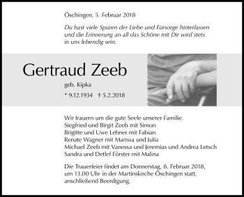 Anzeige von Gertraud Zeeb von Reutlinger General-Anzeiger