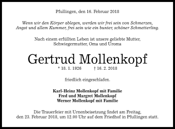 Anzeige von Gertrud Mollenkopf von Reutlinger General-Anzeiger