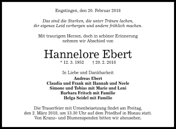 Anzeige von Hannelore Ebert von Reutlinger General-Anzeiger