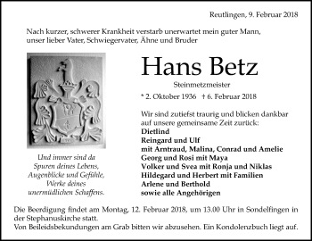 Anzeige von Hans Betz von Reutlinger General-Anzeiger