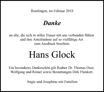 Anzeige von Hans Glock von Reutlinger General-Anzeiger