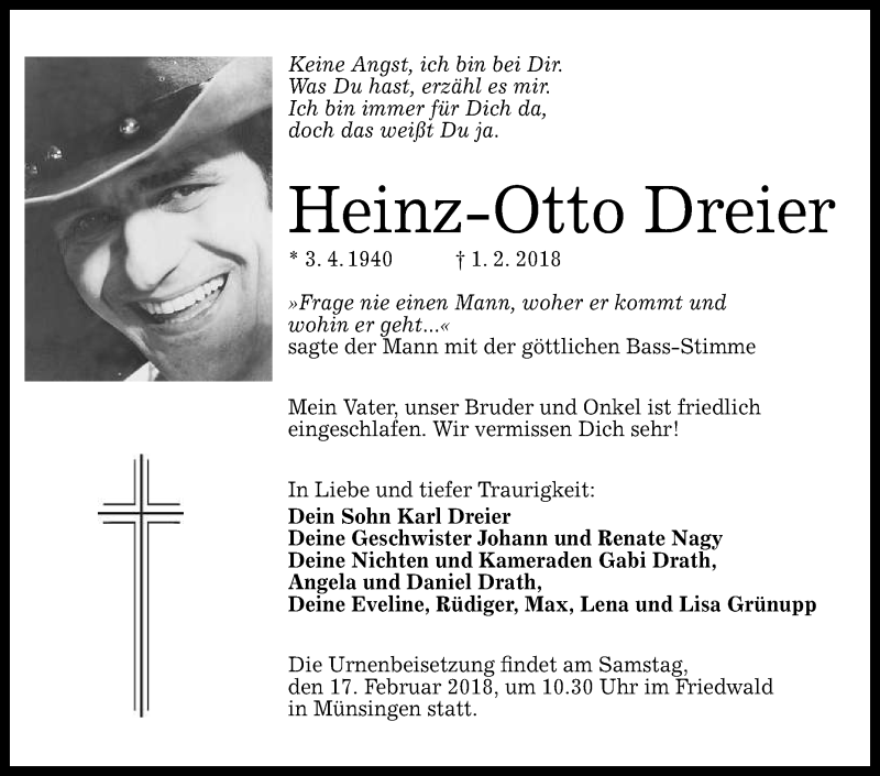  Traueranzeige für Heinz-Otto Dreier vom 10.02.2018 aus Reutlinger General-Anzeiger