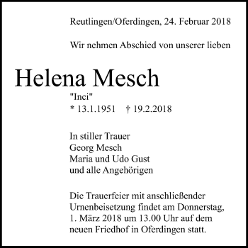 Anzeige von Helena Mesch von Reutlinger General-Anzeiger