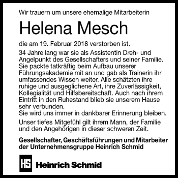 Anzeige von Helena Mesch von Reutlinger General-Anzeiger