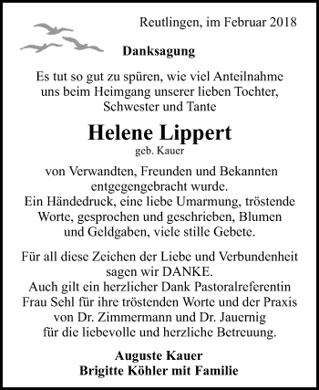 Anzeige von Helene Lippert von Reutlinger General-Anzeiger