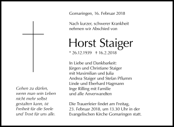 Anzeige von Horst Staiger von Reutlinger General-Anzeiger