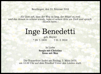 Anzeige von Inge Benedetti von Reutlinger General-Anzeiger