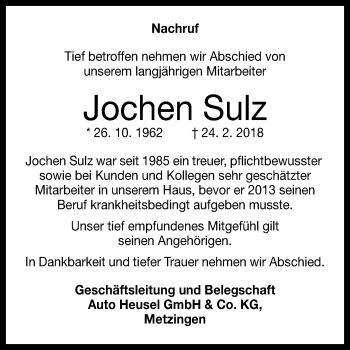 Anzeige von Jochen Sulz von Reutlinger General-Anzeiger