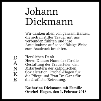 Anzeige von Johann Dickmann von Reutlinger General-Anzeiger
