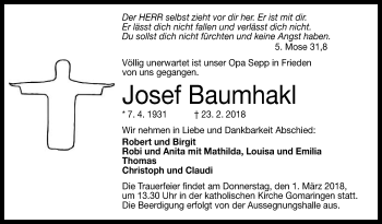 Anzeige von Josef Baumhakl von Reutlinger General-Anzeiger