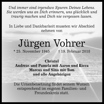 Anzeige von Jürgen Vohrer von Reutlinger General-Anzeiger