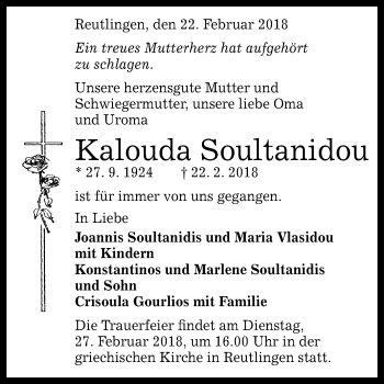 Anzeige von Kalouda Soultanidou von Reutlinger General-Anzeiger