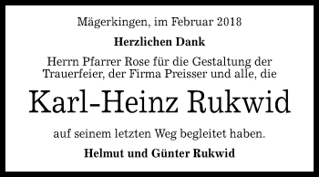 Anzeige von Karl-Heinz Rukwid von Reutlinger General-Anzeiger