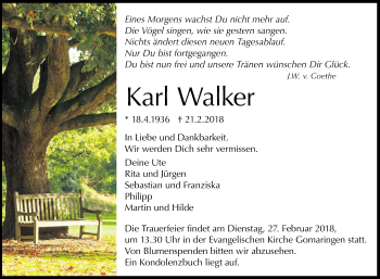 Anzeige von Karl Walker von Reutlinger General-Anzeiger