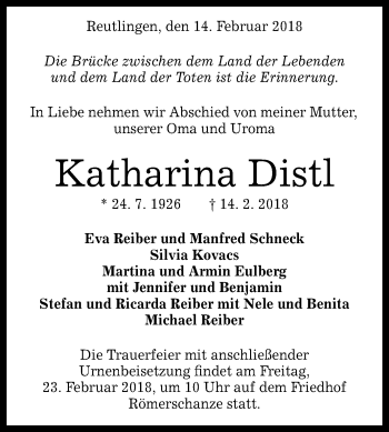 Anzeige von Katharina Distl von Reutlinger General-Anzeiger
