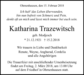 Anzeige von Katharina Trazewitsch von Reutlinger General-Anzeiger