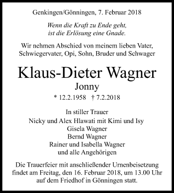 Anzeige von Klaus-Dieter Wagner von Reutlinger General-Anzeiger