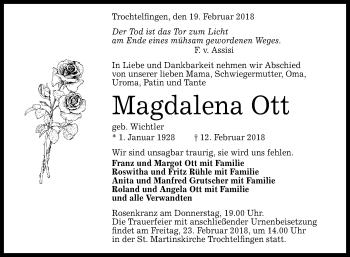 Anzeige von Magdalena Ott von Reutlinger General-Anzeiger