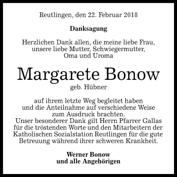 Anzeige von Margarete Bonow von Reutlinger General-Anzeiger