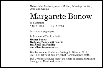Anzeige von Margarete Bonow von Reutlinger General-Anzeiger