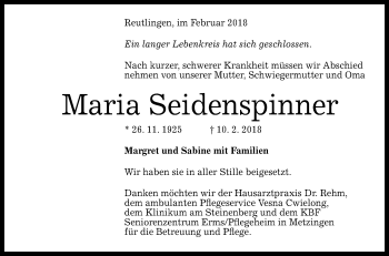 Anzeige von Maria Seidenspinner von Reutlinger General-Anzeiger