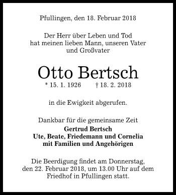 Anzeige von Otto Bertsch von Reutlinger General-Anzeiger