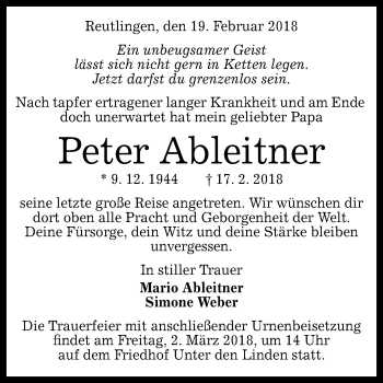 Anzeige von Peter Ableitner von Reutlinger General-Anzeiger