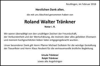 Anzeige von Roland Walter Tränkner von Reutlinger General-Anzeiger