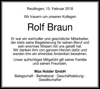Anzeige von Rolf Braun von Reutlinger General-Anzeiger