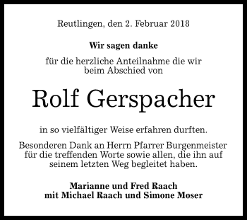 Anzeige von Rolf Gerspacher von Reutlinger General-Anzeiger