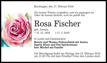 Anzeige von Rosa Fischer von Reutlinger General-Anzeiger
