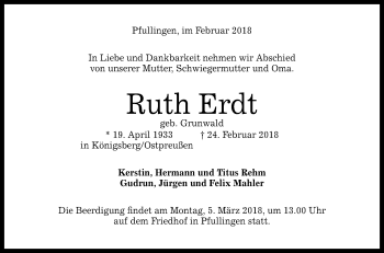 Anzeige von Ruth Erdt von Reutlinger General-Anzeiger
