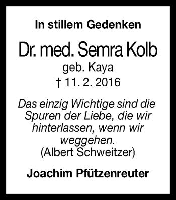 Anzeige von Semra Kolb von Reutlinger General-Anzeiger