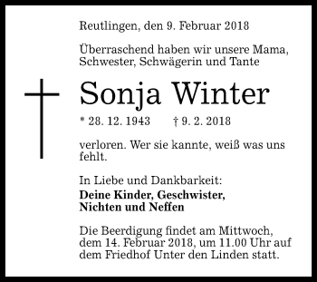 Anzeige von Sonja Winter von Reutlinger General-Anzeiger
