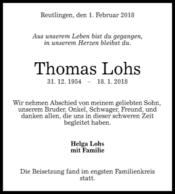 Anzeige von Thomas Lohs von Reutlinger General-Anzeiger