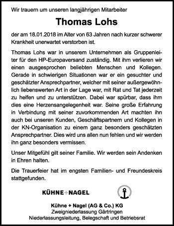 Anzeige von Thomas Lohs von Reutlinger General-Anzeiger