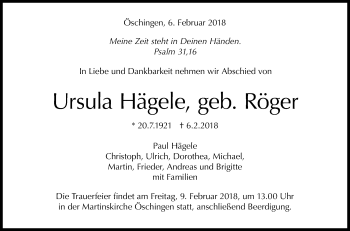 Anzeige von Ursula Hägele von Reutlinger General-Anzeiger