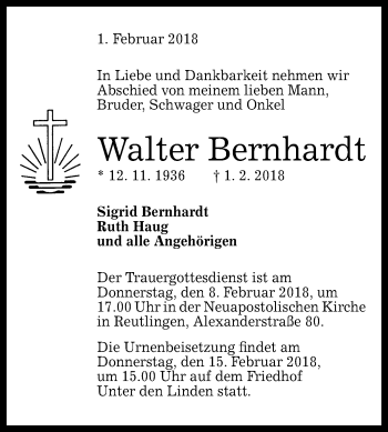 Anzeige von Walter Bernhardt von Reutlinger General-Anzeiger