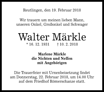 Anzeige von Walter Märkle von Reutlinger General-Anzeiger