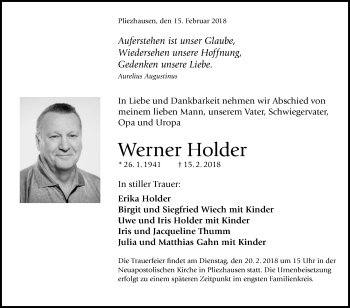 Anzeige von Werner Holder von Reutlinger General-Anzeiger