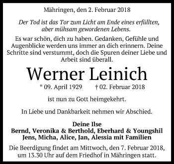 Anzeige von Werner Leinich von Reutlinger General-Anzeiger