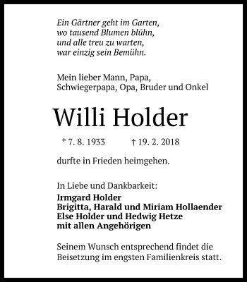 Anzeige von Willi Holder von Reutlinger General-Anzeiger
