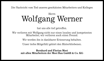 Anzeige von Wolfgang Werner von Reutlinger General-Anzeiger