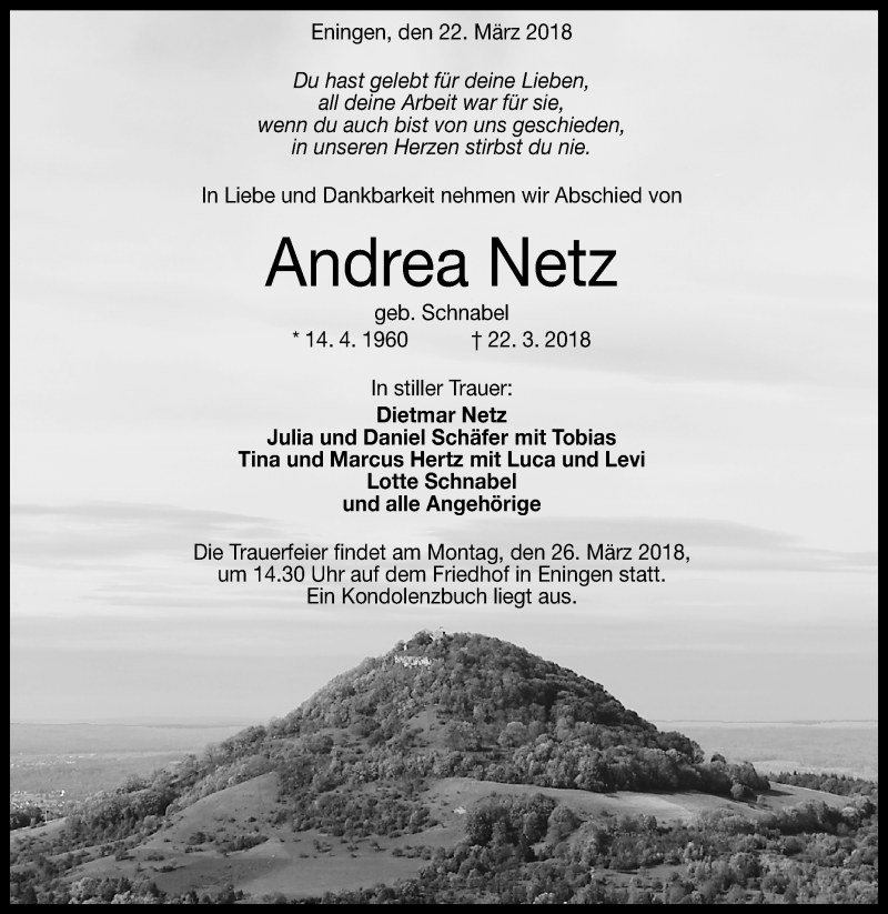  Traueranzeige für Andrea Netz vom 23.03.2018 aus Reutlinger General-Anzeiger