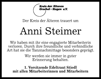 Anzeige von Anni Steimer von Reutlinger General-Anzeiger
