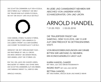 Anzeige von Arnold Handel von Reutlinger General-Anzeiger