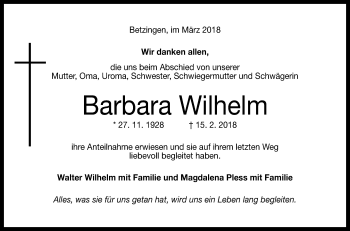 Anzeige von Barbara Wilhelm von Reutlinger General-Anzeiger